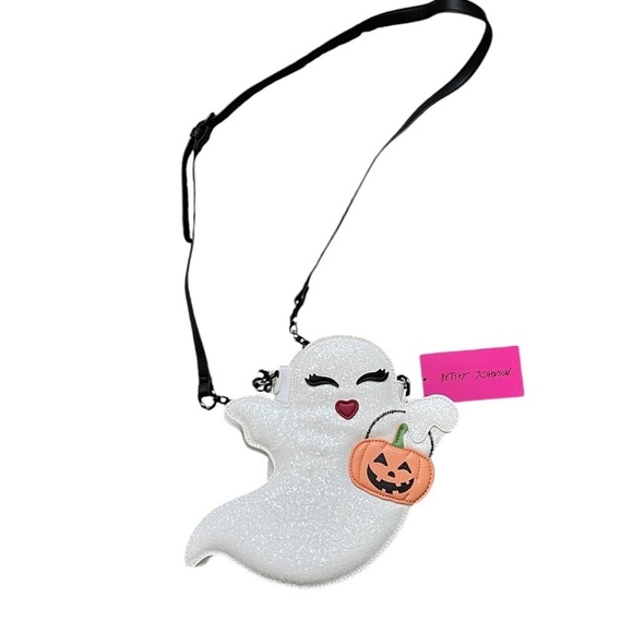 Halloween BETSEY JOHNSON XOGHOSTY WHITE GLITTER CROSSBODY BAG With PUMPKIN BNWT - Picture 2 of 8
